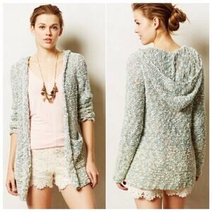 Anthropologie Moth Marled Knit Hooded Cardigan Sweater Small Teal Cottagecore